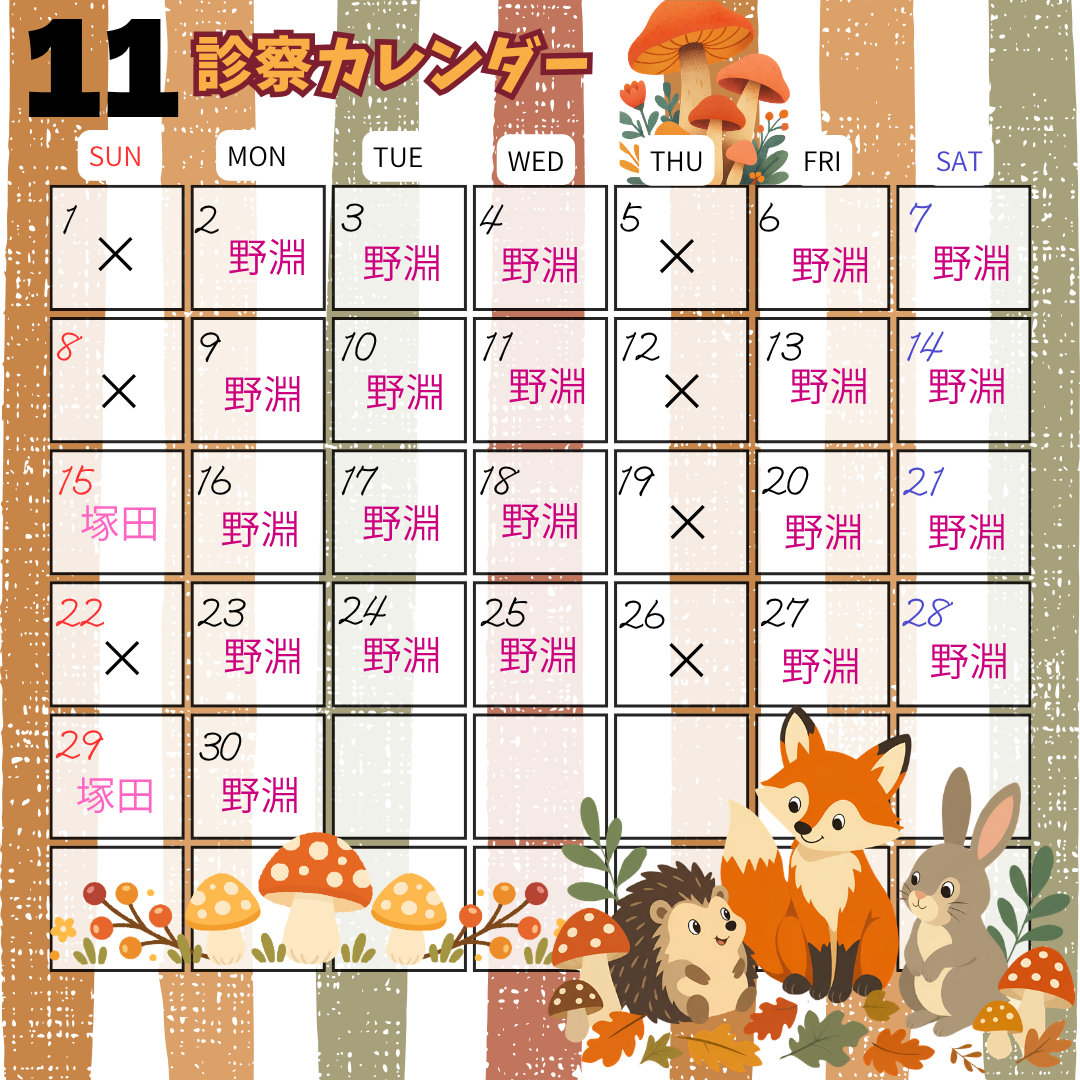 11月診療スケジュールのお知らせ🍄
